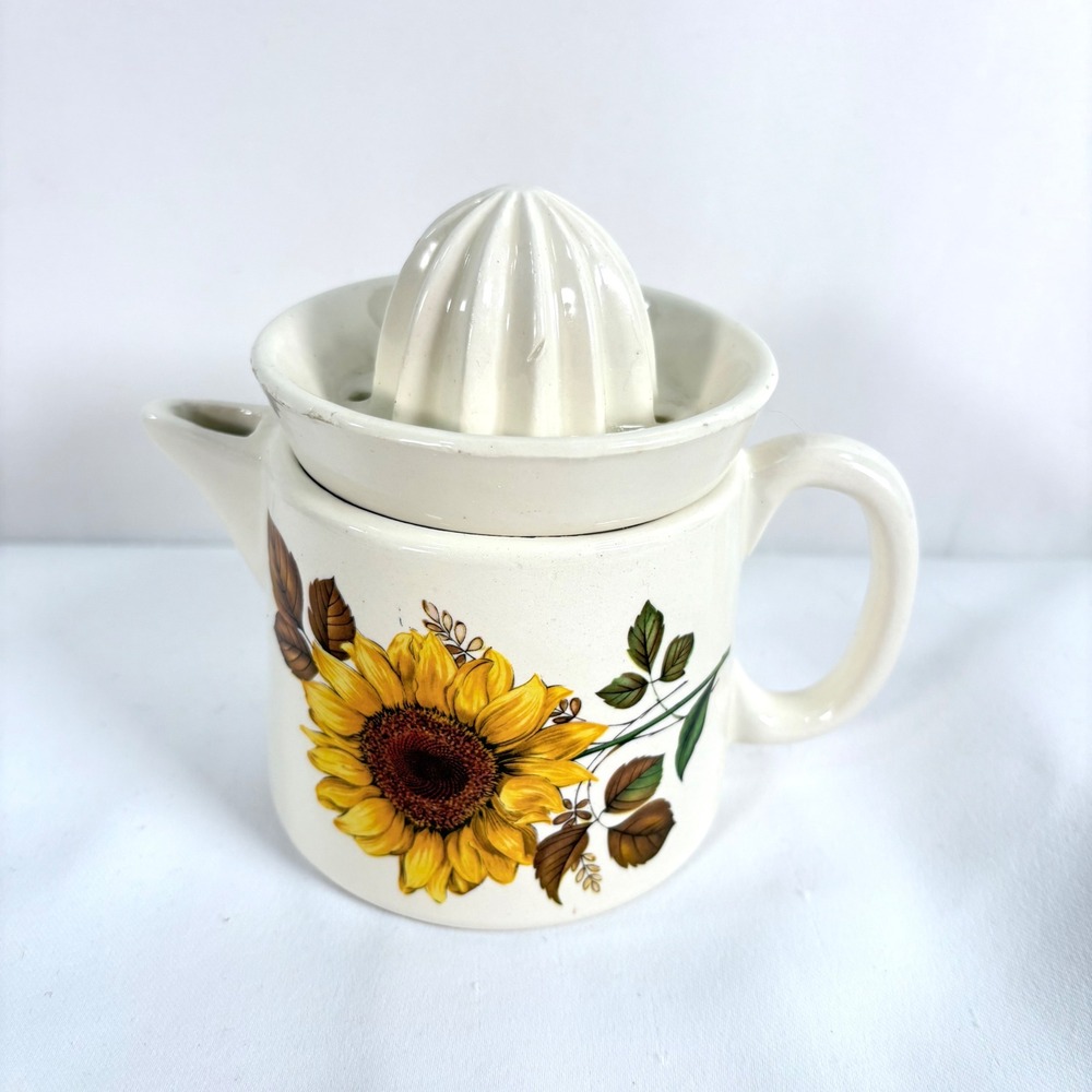 Vintage Ceramic Citrus Juicer Cream Sunflower Floral Pitcher Reamer Set